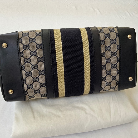 GUCCI Vintage GG Monogram Canvas Sherry Line Satchel Tote Blue - Picture 6 of 16